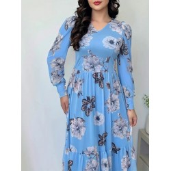 Kadın Uzun Kollu V Yakalı çiçek Desenli Maxi Süprem Elbise , 27651 Kadın Uzun Kollu V Yakalı çiçek Desenli Maxi Süprem Elbise , 27651
