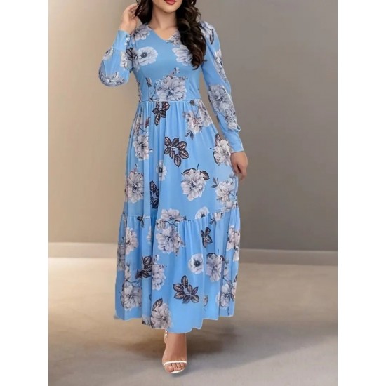 Kadın Uzun Kollu V Yakalı çiçek Desenli Maxi Süprem Elbise , 27651 Kadın Uzun Kollu V Yakalı çiçek Desenli Maxi Süprem Elbise , 27651