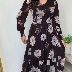 Kadın Uzun Kollu V Yakalı çiçek Desenli Maxi Süprem Elbise , 27649 Kadın Uzun Kollu V Yakalı çiçek Desenli Maxi Süprem Elbise , 27649