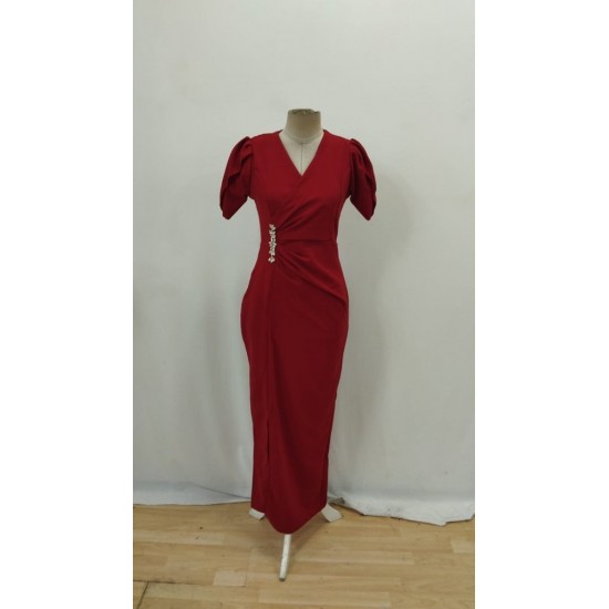 Kadın Kısa Kollu Kruvaze Yakalı Belden çiçek Aksesuarlı Yırtmaçlı Ithal Krep Elbise , 27699