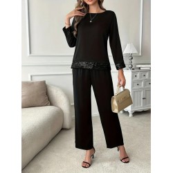 Kadın Uzun Kollu Bisiklet Yaka Pulpayetli Viskon Iki Iplik Bluz Ve Pantolon Ikili Takım , 27705 Kadın Uzun Kollu Bisiklet Yaka Pulpayetli Viskon Iki Iplik Bluz Ve Pantolon Ikili Takım , 27705