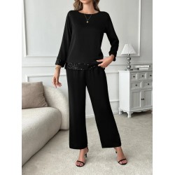 Kadın Uzun Kollu Bisiklet Yaka Pulpayetli Viskon Iki Iplik Bluz Ve Pantolon Ikili Takım , 27705 Kadın Uzun Kollu Bisiklet Yaka Pulpayetli Viskon Iki Iplik Bluz Ve Pantolon Ikili Takım , 27705