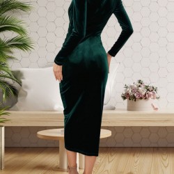 Kadın Uzun Kollu Kruvaze Yaka Belden Büzgü Detay Midi Kadife Elbise, 27722 Kadın Uzun Kollu Kruvaze Yaka Belden Büzgü Detay Midi Kadife Elbise, 27722