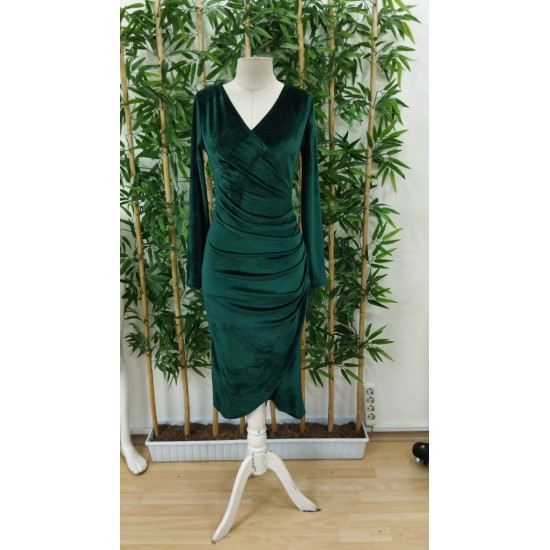 Kadın Uzun Kollu Kruvaze Yaka Belden Büzgü Detay Midi Kadife Elbise, 27722