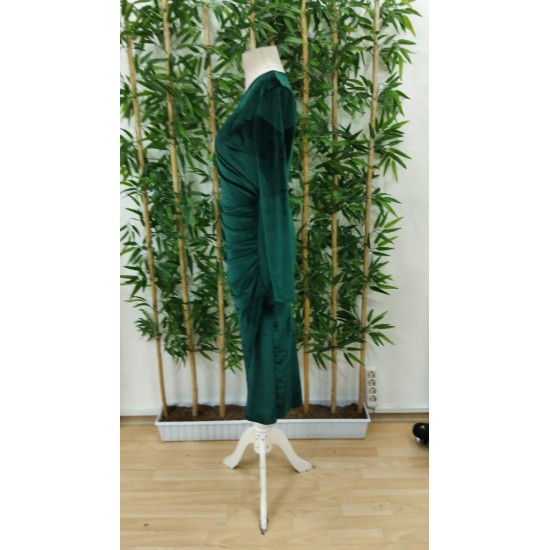 Kadın Uzun Kollu Kruvaze Yaka Belden Büzgü Detay Midi Kadife Elbise, 27722