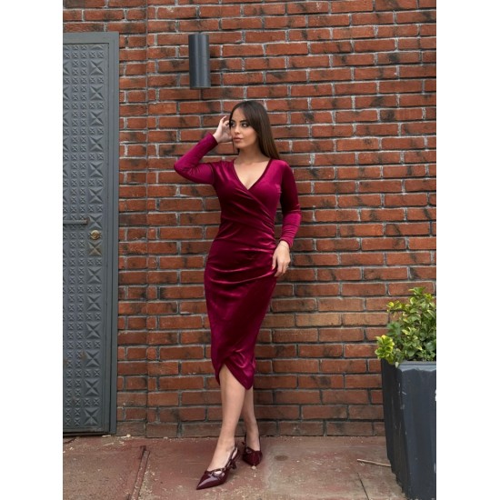 Kadın Uzun Kollu Kruvaze Yaka Belden Büzgü Detay Midi Kadife Elbise, 27721