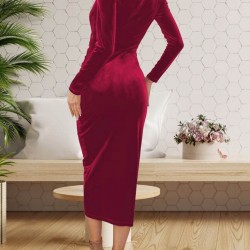 Kadın Uzun Kollu Kruvaze Yaka Belden Büzgü Detay Midi Kadife Elbise, 27721