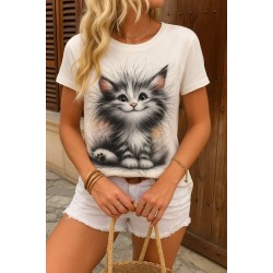 Kadın Kısa Kollu Bisiklet Yaka Kedi Baskılı Süprem Bluz, 27728