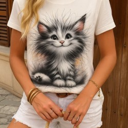 Kadın Kısa Kollu Bisiklet Yaka Kedi Baskılı Süprem Bluz, 27728 Kadın Kısa Kollu Bisiklet Yaka Kedi Baskılı Süprem Bluz, 27728