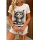 Kadın Kısa Kollu Bisiklet Yaka Kedi Baskılı Süprem Bluz, 27728 Kadın Kısa Kollu Bisiklet Yaka Kedi Baskılı Süprem Bluz, 27728