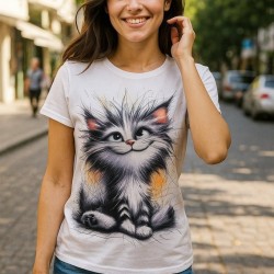 Kadın Kısa Kollu Bisiklet Yaka Kedi Baskılı Süprem Bluz, 27728 Kadın Kısa Kollu Bisiklet Yaka Kedi Baskılı Süprem Bluz, 27728