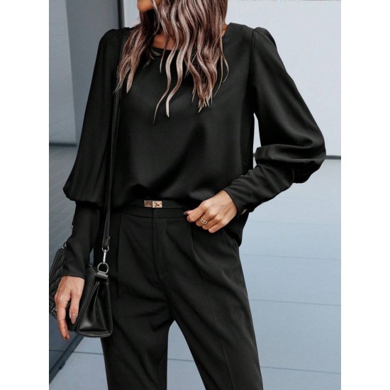 Kadın Uzun Kollu Yuvarlak Yakalı Düğmeli Ithal Krep Bluz, 27749