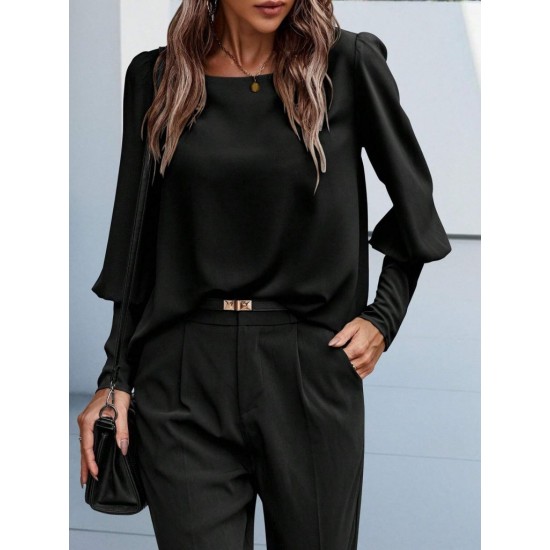 Kadın Uzun Kollu Yuvarlak Yakalı Düğmeli Ithal Krep Bluz, 27749