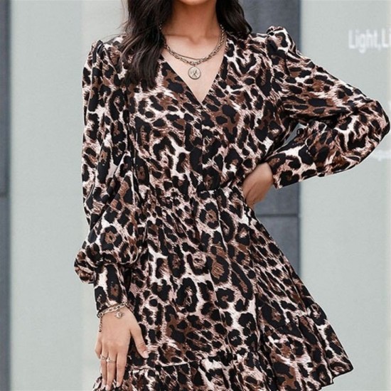 Kadın Uzun Kollu Beli Lastikli Etek Ucu Volanlı Leopar Desen Krep Elbise, 27734 Kadın Uzun Kollu Beli Lastikli Etek Ucu Volanlı Leopar Desen Krep Elbise, 27734