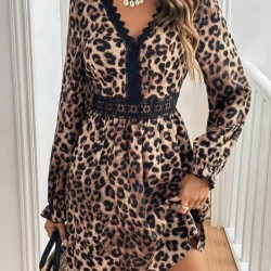 Kadın Uzun Kollu V Dantel Yakalı Leopar Desenli Modal Mini Elbise , 27754 Kadın Uzun Kollu V Dantel Yakalı Leopar Desenli Modal Mini Elbise , 27754