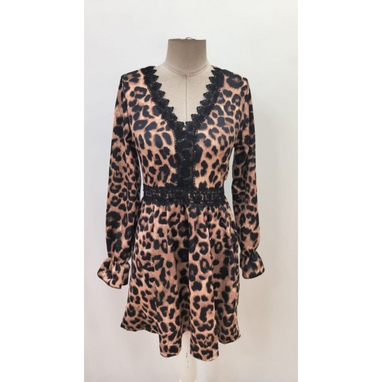 Kadın Uzun Kollu V Dantel Yakalı Leopar Desenli Modal Mini Elbise , 27754 Kadın Uzun Kollu V Dantel Yakalı Leopar Desenli Modal Mini Elbise , 27754