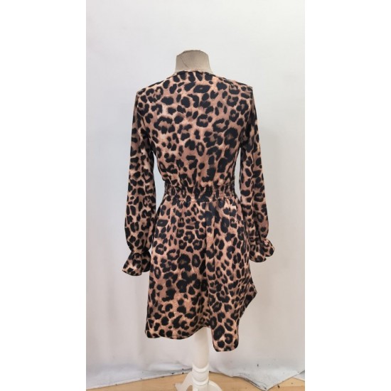 Kadın Uzun Kollu V Dantel Yakalı Leopar Desenli Modal Mini Elbise , 27754 Kadın Uzun Kollu V Dantel Yakalı Leopar Desenli Modal Mini Elbise , 27754