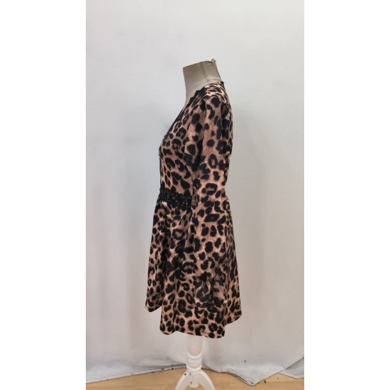 Kadın Uzun Kollu V Dantel Yakalı Leopar Desenli Modal Mini Elbise , 27754 Kadın Uzun Kollu V Dantel Yakalı Leopar Desenli Modal Mini Elbise , 27754