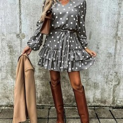 Kadın Uzun Kollu V Yakalı Belden Kuşaklı Puantiyeli Mini Modal Elbise , 27765 Kadın Uzun Kollu V Yakalı Belden Kuşaklı Puantiyeli Mini Modal Elbise , 27765
