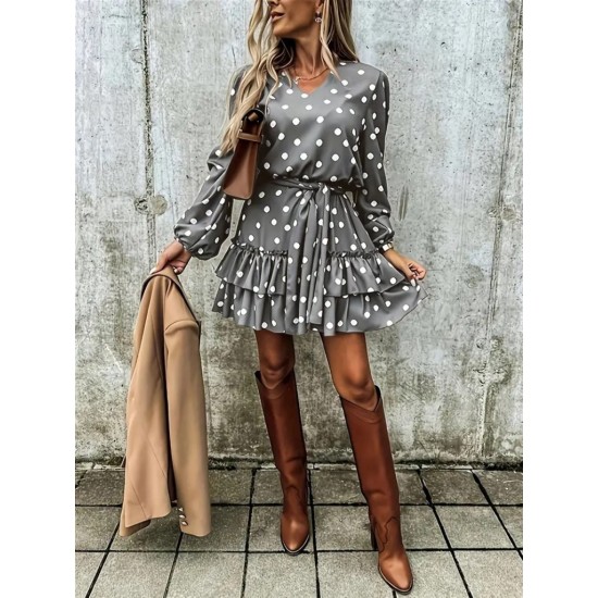 Kadın Uzun Kollu V Yakalı Belden Kuşaklı Puantiyeli Mini Modal Elbise , 27765 Kadın Uzun Kollu V Yakalı Belden Kuşaklı Puantiyeli Mini Modal Elbise , 27765