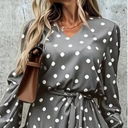 Kadın Uzun Kollu V Yakalı Belden Kuşaklı Puantiyeli Mini Modal Elbise , 27765 Kadın Uzun Kollu V Yakalı Belden Kuşaklı Puantiyeli Mini Modal Elbise , 27765
