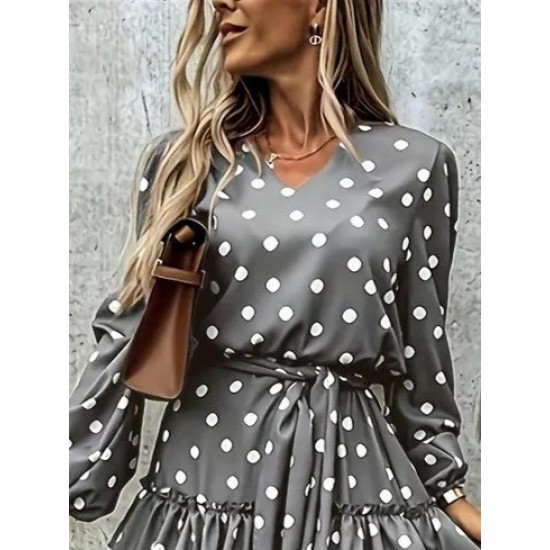 Kadın Uzun Kollu V Yakalı Belden Kuşaklı Puantiyeli Mini Modal Elbise , 27765 Kadın Uzun Kollu V Yakalı Belden Kuşaklı Puantiyeli Mini Modal Elbise , 27765