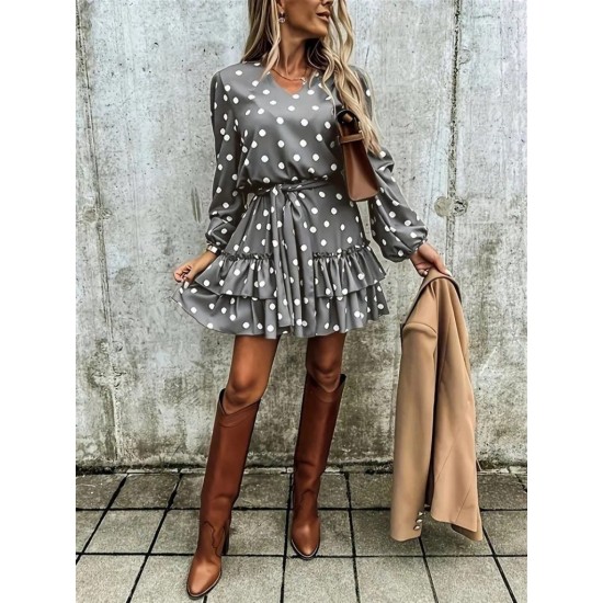 Kadın Uzun Kollu V Yakalı Belden Kuşaklı Puantiyeli Mini Modal Elbise , 27765 Kadın Uzun Kollu V Yakalı Belden Kuşaklı Puantiyeli Mini Modal Elbise , 27765