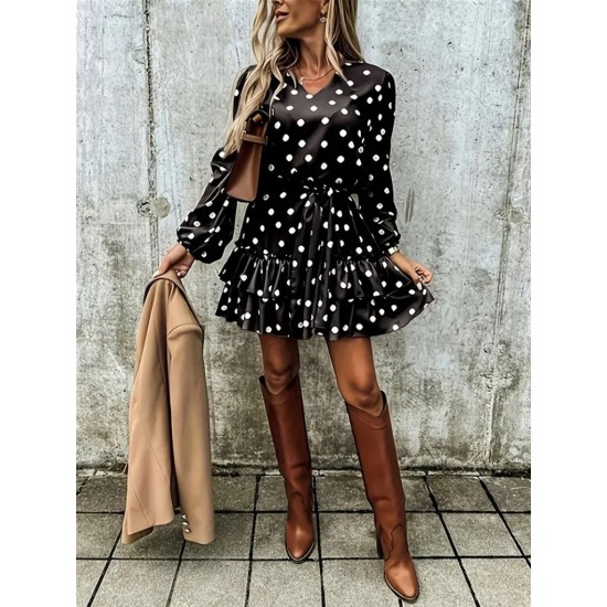 Kadın Uzun Kollu V Yakalı Belden Kuşaklı Puantiyeli Mini Modal Elbise , 27763 Kadın Uzun Kollu V Yakalı Belden Kuşaklı Puantiyeli Mini Modal Elbise , 27763