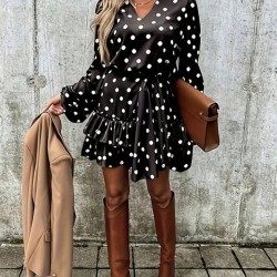 Kadın Uzun Kollu V Yakalı Belden Kuşaklı Puantiyeli Mini Modal Elbise , 27763 Kadın Uzun Kollu V Yakalı Belden Kuşaklı Puantiyeli Mini Modal Elbise , 27763