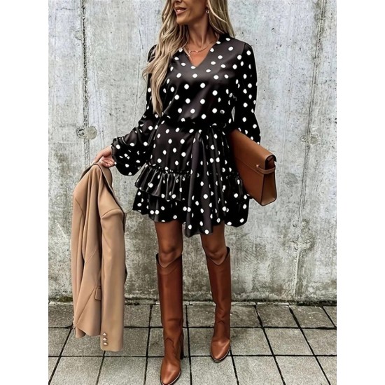 Kadın Uzun Kollu V Yakalı Belden Kuşaklı Puantiyeli Mini Modal Elbise , 27763 Kadın Uzun Kollu V Yakalı Belden Kuşaklı Puantiyeli Mini Modal Elbise , 27763