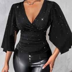 Kadın Truvakar Kollu Kruvaze Yakalı Simli Sandy Bluz , 27840 Kadın Truvakar Kollu Kruvaze Yakalı Simli Sandy Bluz , 27840