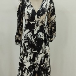 Kadın Uzun Kollu Kruvaze Yakalı Yandan Bağlamalı Desenli Mini Modal Elbise , 27850