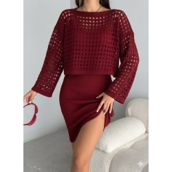 Kadın Uzun Kollu Delikli Kazak Askılı Elbise Triko Ikili Takım, 27870 Kadın Uzun Kollu Delikli Kazak Askılı Elbise Triko Ikili Takım, 27870