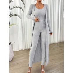 Kadın Yuvarlak Yaka Askılı Krop Bluz Yüksek Bel Tayt Ve Uzun Hırka şardonlu Kaşkorse üçlü Takım , 27950