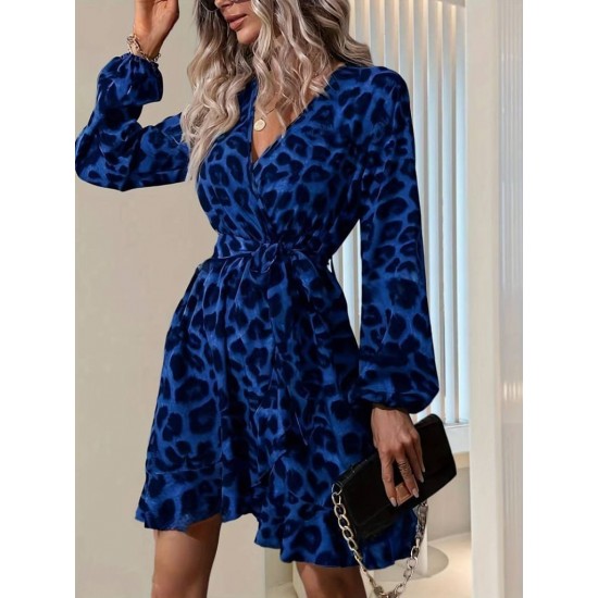 Kadın Uzun Kollu Kruvaze Yaka Belden Kuşaklı çapraz Kesim Detaylı Leopar Modal Mini Elbise , 27963 Kadın Uzun Kollu Kruvaze Yaka Belden Kuşaklı çapraz Kesim Detaylı Leopar Modal Mini Elbise , 27963