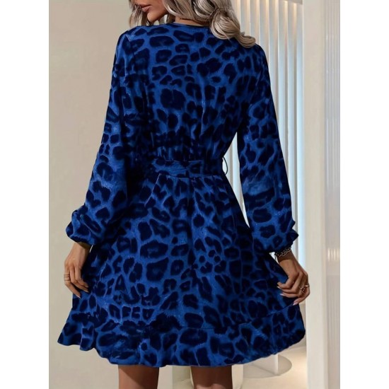 Kadın Uzun Kollu Kruvaze Yaka Belden Kuşaklı çapraz Kesim Detaylı Leopar Modal Mini Elbise , 27963 Kadın Uzun Kollu Kruvaze Yaka Belden Kuşaklı çapraz Kesim Detaylı Leopar Modal Mini Elbise , 27963