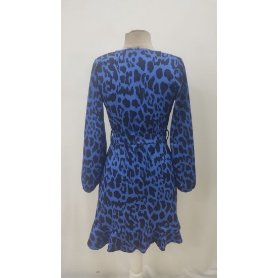 Kadın Uzun Kollu Kruvaze Yaka Belden Kuşaklı çapraz Kesim Detaylı Leopar Modal Mini Elbise , 27963 Kadın Uzun Kollu Kruvaze Yaka Belden Kuşaklı çapraz Kesim Detaylı Leopar Modal Mini Elbise , 27963