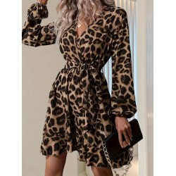 Kadın Uzun Kollu Kruvaze Yaka Belden Kuşaklı çapraz Kesim Detaylı Leopar Modal Mini Elbise , 27961