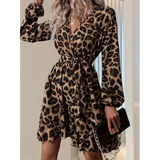 Kadın Uzun Kollu Kruvaze Yaka Belden Kuşaklı çapraz Kesim Detaylı Leopar Modal Mini Elbise , 27961
