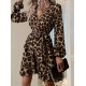 Kadın Uzun Kollu Kruvaze Yaka Belden Kuşaklı çapraz Kesim Detaylı Leopar Modal Mini Elbise , 27961