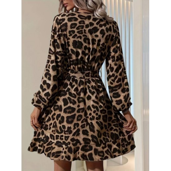 Kadın Uzun Kollu Kruvaze Yaka Belden Kuşaklı çapraz Kesim Detaylı Leopar Modal Mini Elbise , 27961