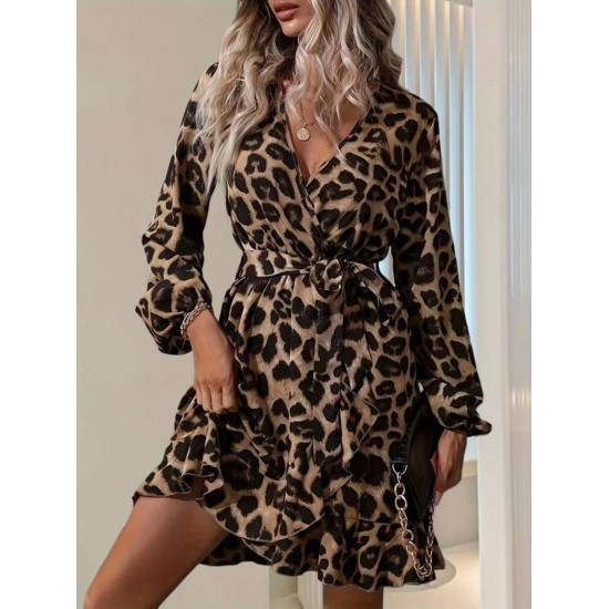 Kadın Uzun Kollu Kruvaze Yaka Belden Kuşaklı çapraz Kesim Detaylı Leopar Modal Mini Elbise , 27961