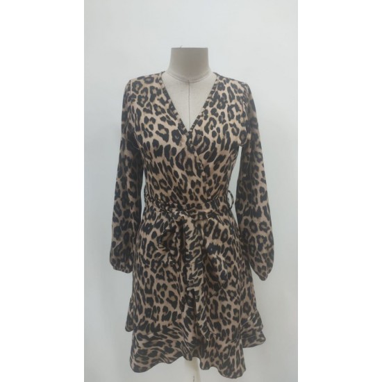 Kadın Uzun Kollu Kruvaze Yaka Belden Kuşaklı çapraz Kesim Detaylı Leopar Modal Mini Elbise , 27961
