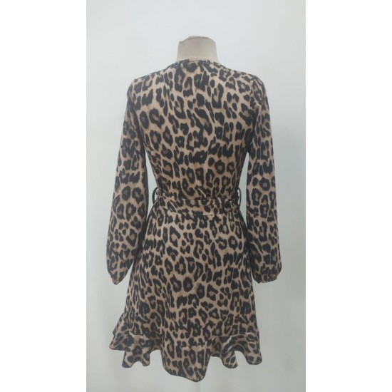 Kadın Uzun Kollu Kruvaze Yaka Belden Kuşaklı çapraz Kesim Detaylı Leopar Modal Mini Elbise , 27961
