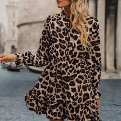 Kadın Uzun Kollu Yakadan Bağcıklı Modal Leopar Desenli Mini Elbise , 27976 Kadın Uzun Kollu Yakadan Bağcıklı Modal Leopar Desenli Mini Elbise , 27976