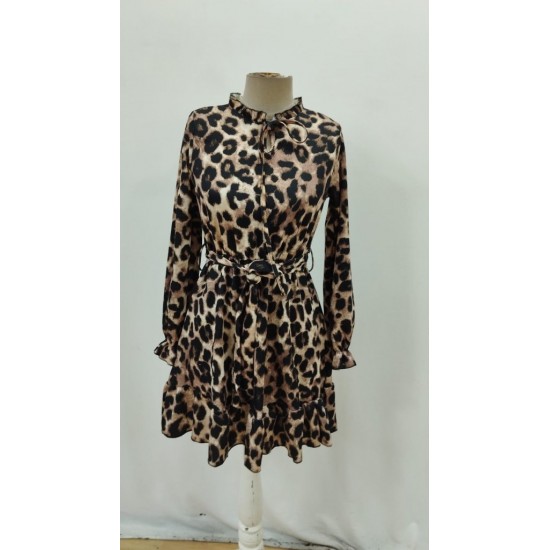 Kadın Uzun Kollu Yakadan Bağcıklı Modal Leopar Desenli Mini Elbise , 27976 Kadın Uzun Kollu Yakadan Bağcıklı Modal Leopar Desenli Mini Elbise , 27976