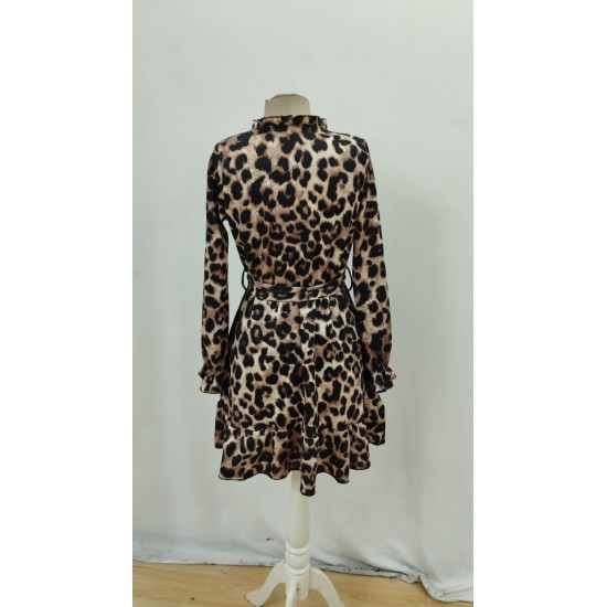 Kadın Uzun Kollu Yakadan Bağcıklı Modal Leopar Desenli Mini Elbise , 27976 Kadın Uzun Kollu Yakadan Bağcıklı Modal Leopar Desenli Mini Elbise , 27976