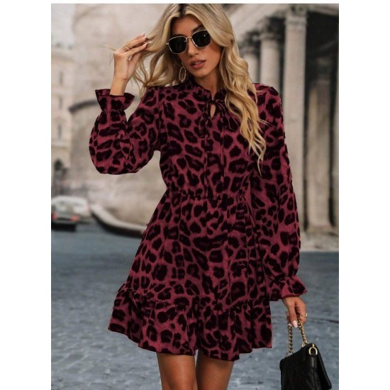 Kadın Uzun Kollu Yakadan Bağcıklı Modal Leopar Desenli Mini Elbise , 27975 Kadın Uzun Kollu Yakadan Bağcıklı Modal Leopar Desenli Mini Elbise , 27975
