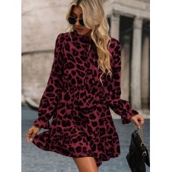Kadın Uzun Kollu Yakadan Bağcıklı Modal Leopar Desenli Mini Elbise , 27975 Kadın Uzun Kollu Yakadan Bağcıklı Modal Leopar Desenli Mini Elbise , 27975