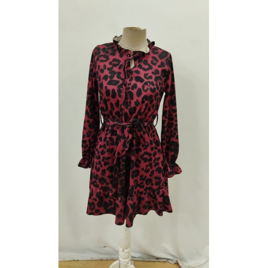 Kadın Uzun Kollu Yakadan Bağcıklı Modal Leopar Desenli Mini Elbise , 27975 Kadın Uzun Kollu Yakadan Bağcıklı Modal Leopar Desenli Mini Elbise , 27975